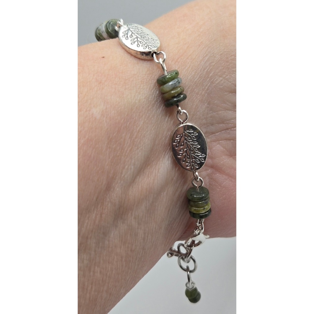Handmade Bracelet Boho Chic Jade Stone Beads Silver Alloy Botanical‎ Leaf Ovals